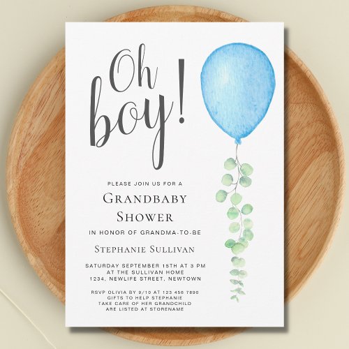 Oh Boy Eucalyptus Blue Balloon Grandma Baby Shower Invitation