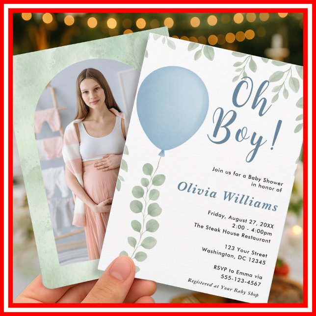 Oh Boy Eucalyptus Greenery PHOTO Baby Shower Invitation (Creator Uploaded)