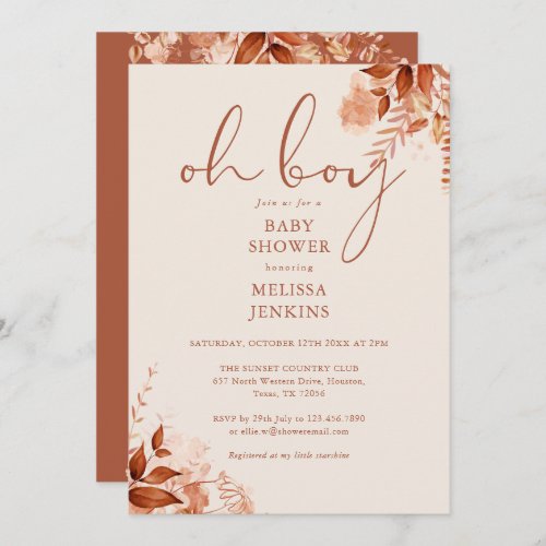 Oh Boy Floral Autumn Fall Baby Shower Invitation