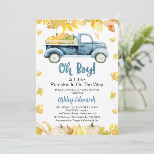 Oh Boy Foliage Little Pumpkin Truck Baby Shower Invitation