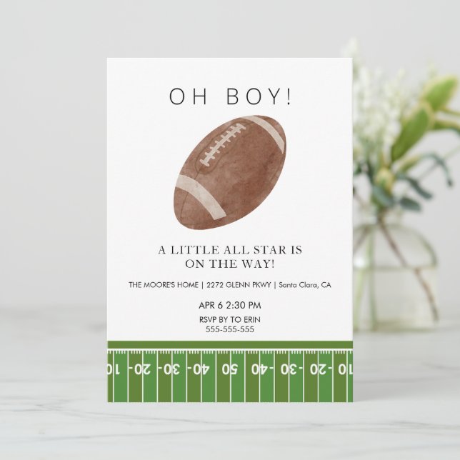 Oh Boy football baby shower invitation (Standing Front)