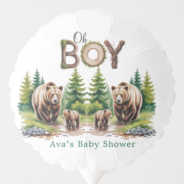 Oh Boy: Forest Wood Typography Bears Baby Shower Balloon (Front)