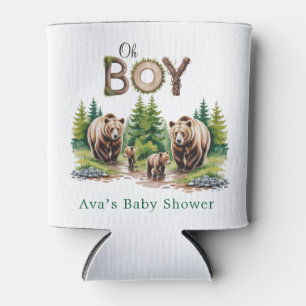 Oh Boy: Forest Wood Typography Bears Baby Shower Can Cooler