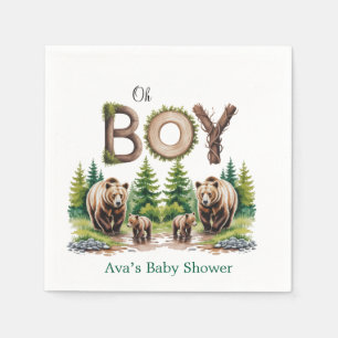 Oh Boy: Forest Wood Typography Bears Baby Shower Napkins