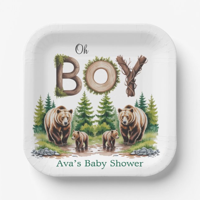 Oh Boy: Forest Wood Typography Bears Baby Shower Paper Plates (Front)
