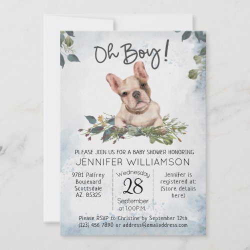 Oh Boy French Bulldog Puppy Baby Shower Invitation