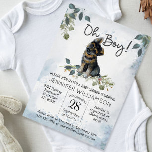 Oh Boy! German Shepherd Pup Watercolor Baby Shower Invitation