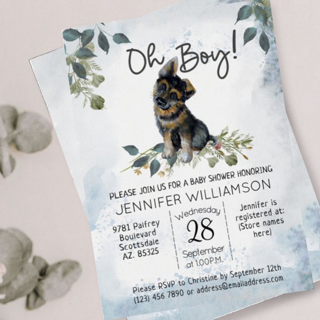 Oh Boy! German Shepherd Pup Watercolor Baby Shower Invitation (Oh Boy! Dog boy baby shower. German Shepherd Puppy.)