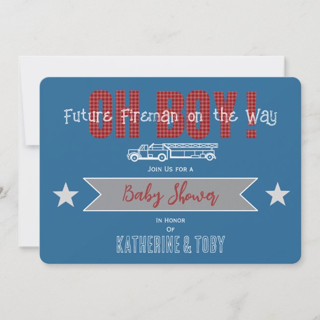 Oh Boy gingham and vintage fire truck  Invitation (Front)