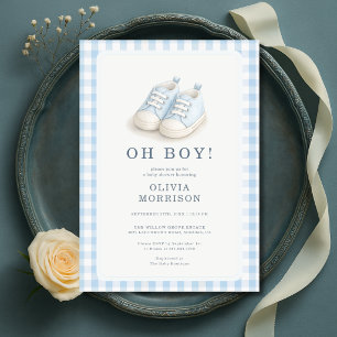 Oh Boy Gingham Blue Shoes Baby Shower Invitation