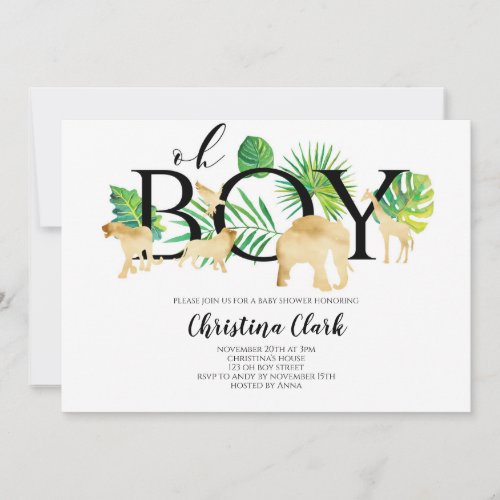 Oh Boy Gold Faux Jungle animals Baby Shower Invitation