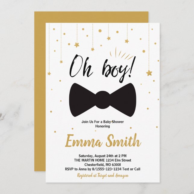 Oh Boy Gold Stars Bow tie Baby Shower Invitation (Front/Back)