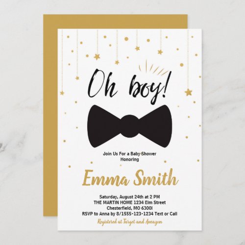 Oh Boy Gold Stars Bow tie Baby Shower Invitation