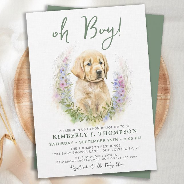Oh Boy Golden Retriever Cute Puppy Dog Baby Shower Invitation (Creator Uploaded)