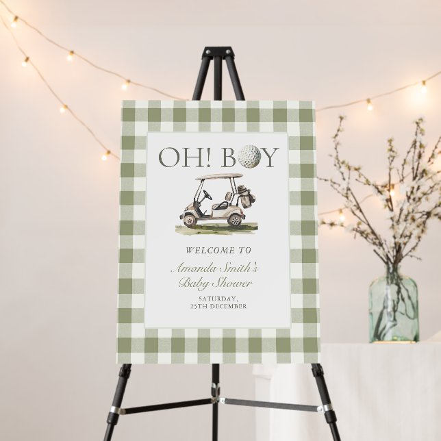 Oh Boy Golf Theme Sage Green Gingham Welcome Foam Board (In Situ (Stand))
