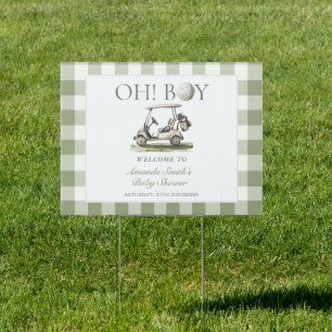 Oh Boy Golf Theme Sage Green Gingham Welcome Yard Sign