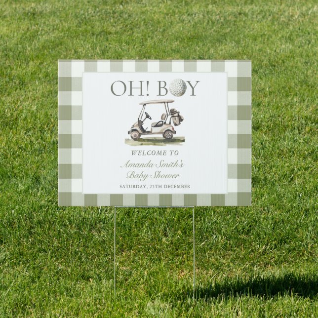 Oh Boy Golf Theme Sage Green Gingham Welcome Yard Sign (Insitu)