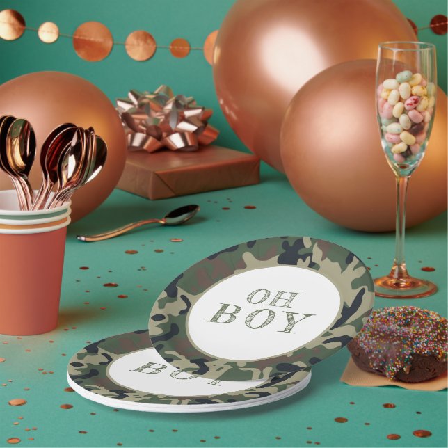 Oh Boy Green Camouflage Baby Shower Party Paper Plates (Multi)