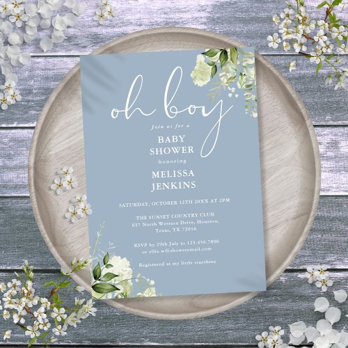 Oh Boy Greenery Dusty Blue Baby Shower Invitation