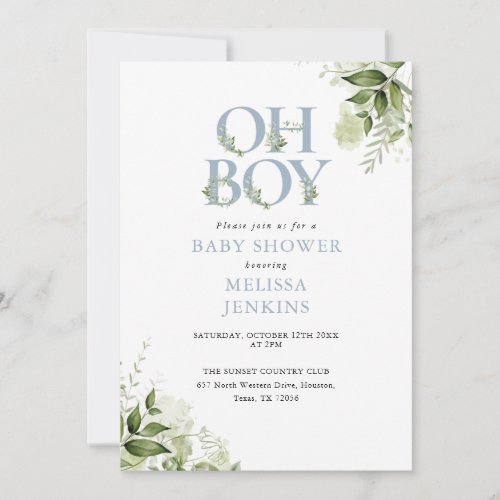 Oh Boy Greenery Dusty Blue QR Code Baby Shower Invitation