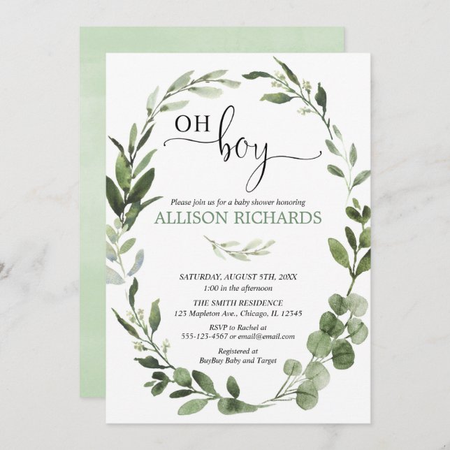 Oh Boy Greenery eucalyptus foliage baby shower Invitation (Front/Back)
