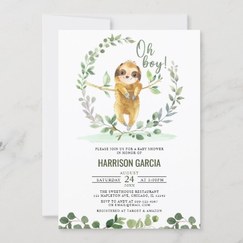 Oh Boy Greenery Floral Cute Sloth Baby Shower Invitation