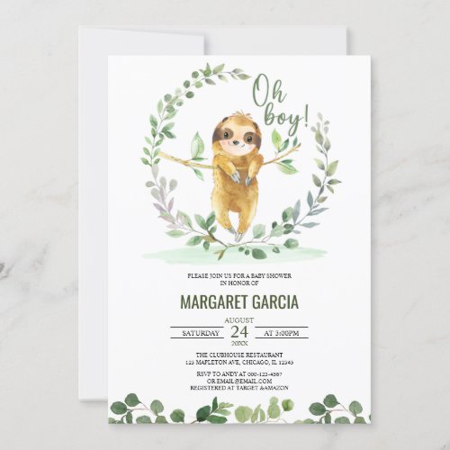 Oh Boy Greenery Floral Cute Sloth Baby Shower Invitation