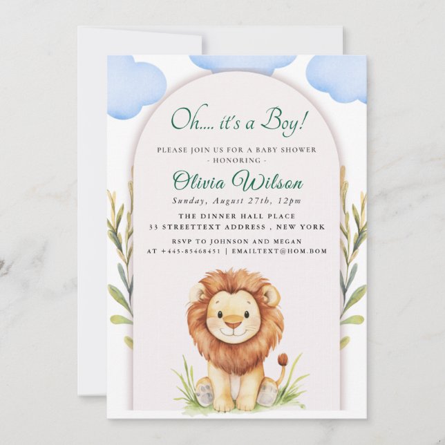“Oh Boy!” Greenery Lion Baby Shower Invitation (Front)