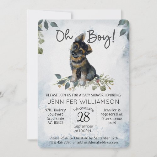Oh Boy GSD Puppy Modern Watercolor Baby Shower  Invitation