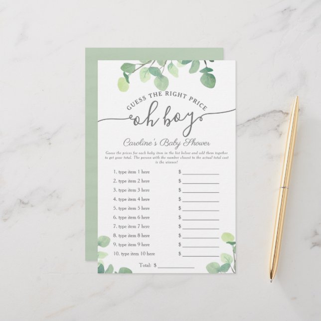 Oh Boy Guess Price Greenery Baby Shower Game (Front/Back In Situ)