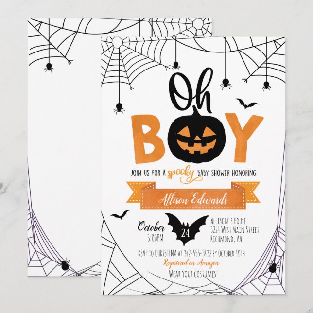 Oh Boy! Halloween Pumpkin Baby Shower Invitation (Front/Back)