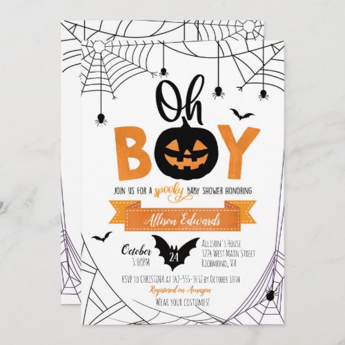 Oh Boy Halloween Pumpkin Baby Shower Invitation