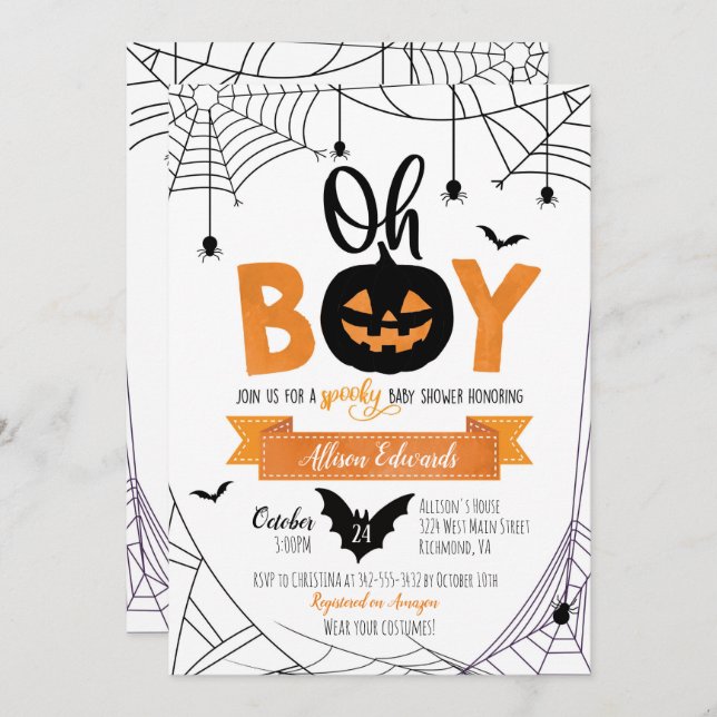 Oh Boy! Halloween Pumpkin Baby Shower Invitation (Front/Back)
