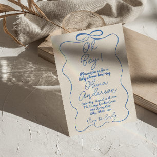 Oh Boy Hand Drawn Written Blue Boy Bow Baby Shower Invitation