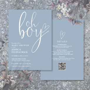 Oh Boy Heart Dusty Blue Boy All In One Baby Shower Invitation