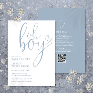 Oh Boy Heart Dusty Blue Boy All In One Baby Shower Invitation