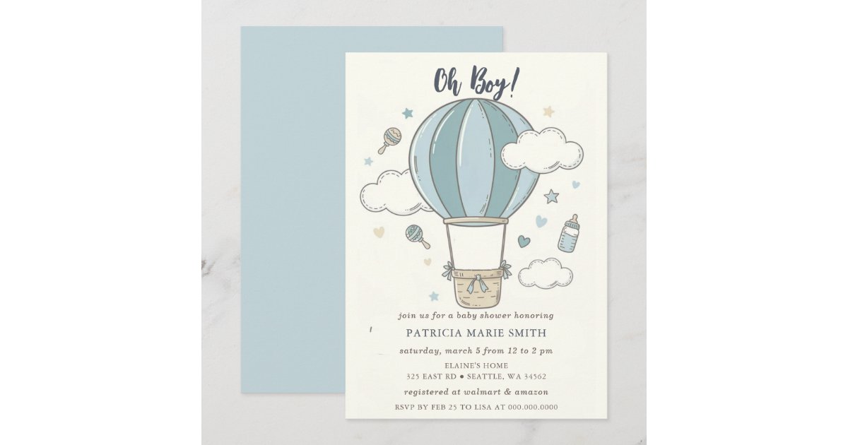 Oh Boy Hot Air Balloon Boy Baby Shower Invitation | Zazzle