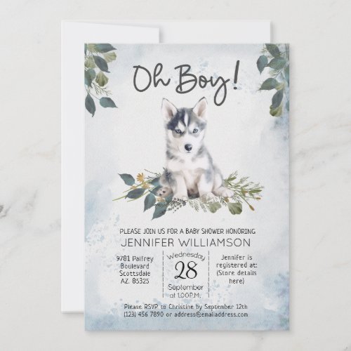 Oh Boy Husky Puppy Watercolor Baby Shower  Invita Invitation
