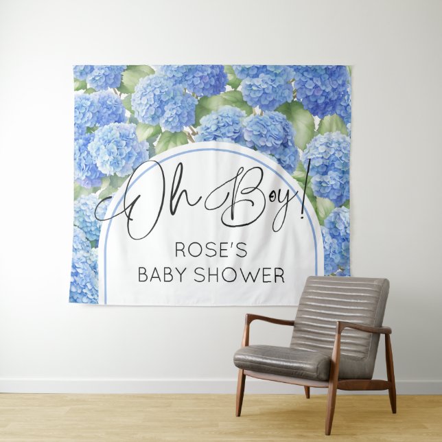 Oh Boy Hydrangea Blue Flowers Baby Shower Tapestry (In Situ (Horizontal))