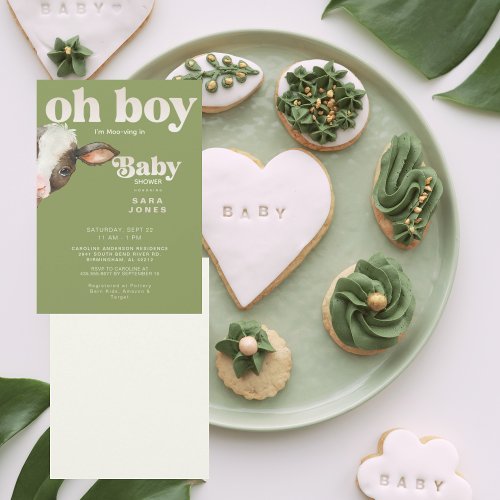 Oh Boy Im Moo_ving In Moss Green Baby Shower Invitation