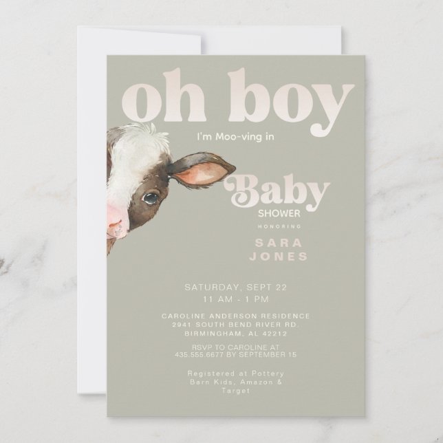 Oh Boy I'm Moo-ving In Neutral Baby Shower Invitation (Front)