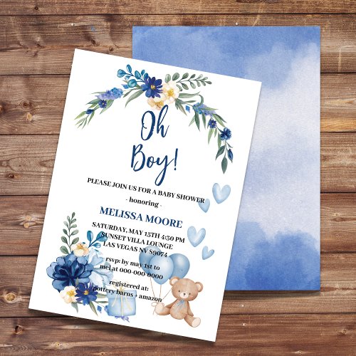 Oh Boy Invitation Watercolor Royal Blue Flower