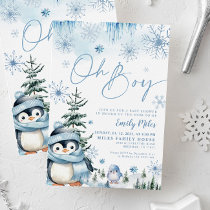 Oh Boy invitation, Winter penguin baby shower Invitation