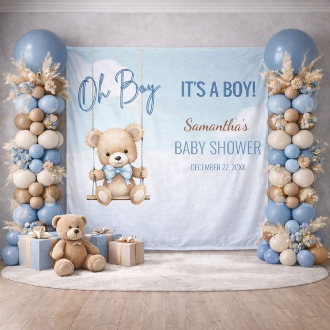 Oh Boy It's A Boy Bear Baby Shower Backdrop (Soft blue baby shower backdrop styled with balloon columns and neutral pampas decor)