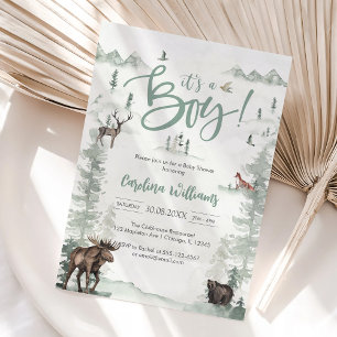 Oh Boy Let's Adventure Begin Forest Baby Shower  Invitation