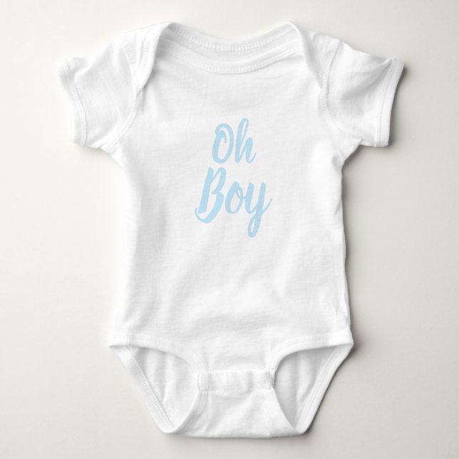 Oh Boy light blue script baby shower gender reveal Bodysuit (Front)