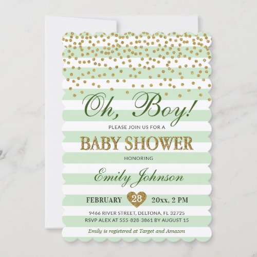Oh Boy Light Green Khaki Gold Confetti Baby Shower Invitation