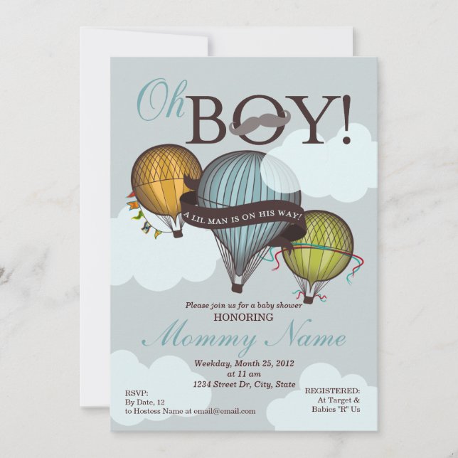 Oh Boy Lil Man Hot Air Balloon Shower Invitation (Front)
