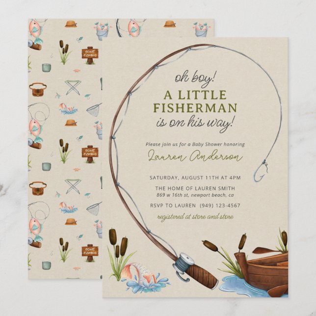 Oh Boy Little Fisherman Watercolor Baby Shower Invitation (Front/Back)
