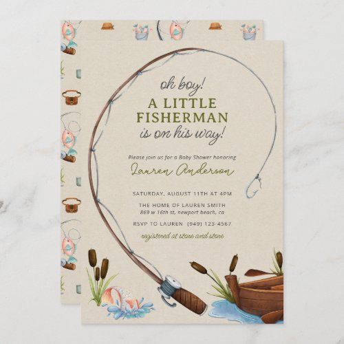 Oh Boy Little Fisherman Watercolor Baby Shower Invitation